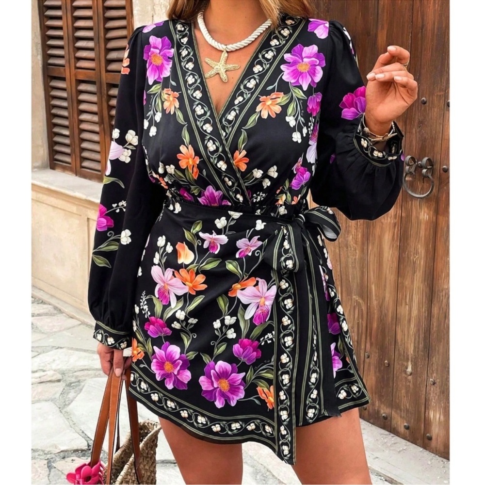 Plus Floral Print Side Tie Long Sleeve Romper 1X 2X 3X 4X